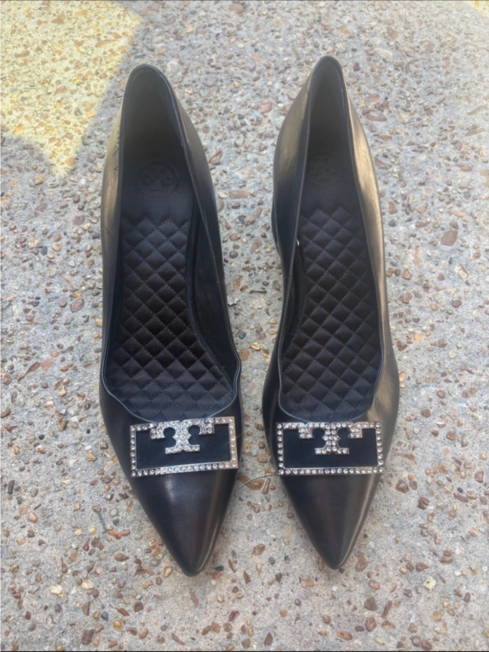 Tory Burch Black Pointed Toe Women's Flats with Rhinestone Buckle size 9.5